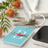 B Letter Initiaal Monogram Bloem Motief Eigen Kleu Sleutelhanger (Voorkant Rechts)