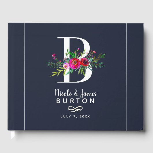 B Letter Initiaal Monogram Bloemen Naam Bruiloft Gastenboek (Voorkant)