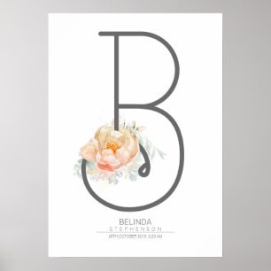 B Letter Monogram Blush Peach Floral Home Decor Poster
