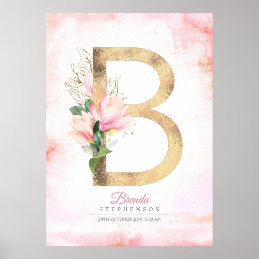 B Letter Monogram Gold Leaves Pink Magnolia Floral Poster (Voorkant)