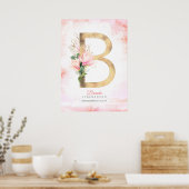 B Letter Monogram Gold Leaves Pink Magnolia Floral Poster (Keuken)