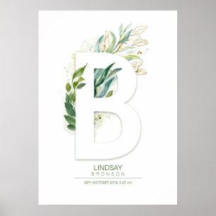 B Letter Monogram Goud Groene Bladeren Chic Poster