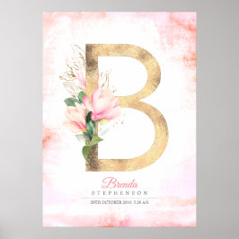 B Letter Monogram Gouden Bladeren Roze Magnolia Bl Poster