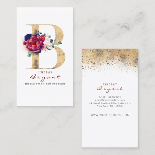 B Monogram Bourgogne Goud en Marine Blauwe Bloemen Visitekaartje (Voorkant / Achterkant)