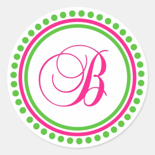 B Monogram (hete roze/groene puntcirkel) Ronde Sticker (Voorkant)