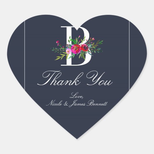 B Monogram Laatste Initiaal Modern Blauw Bloemstuk Hart Sticker (Voorkant)