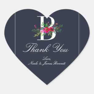 B Monogram Laatste Initiaal Modern Blue Floral Wed Hart Sticker