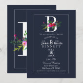 B Monogram Laatste Initiaal Modern Blue Floral Wed Kaart (Voorkant / Achterkant)