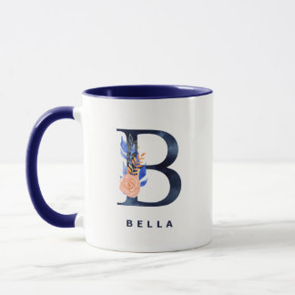 B Monogram marineblauw Waterverf Bloemen Mok