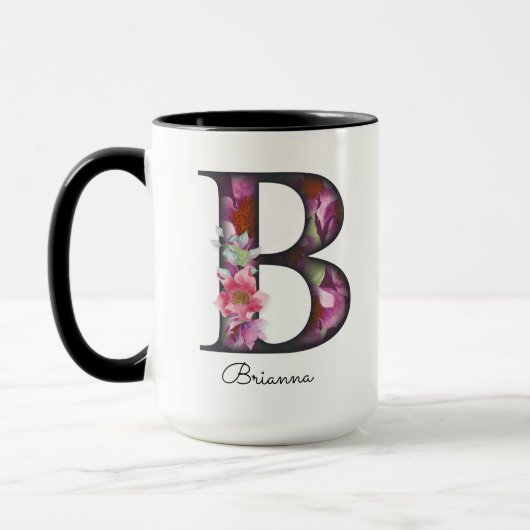 B Monogram Paarse Bloemen Gepersonaliseerde Naam M Mok (Links)