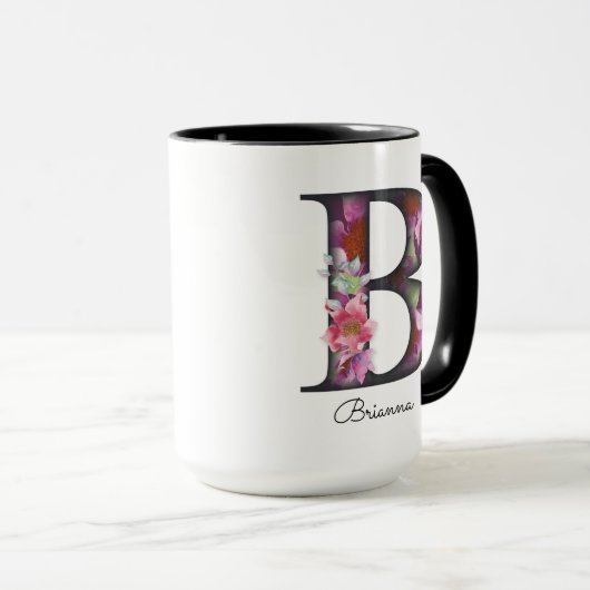 B Monogram Paarse Bloemen Gepersonaliseerde Naam M Mok (Voorkant rechts)