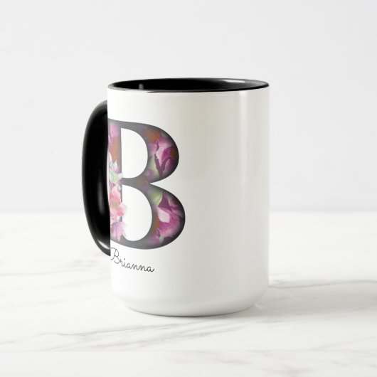 B Monogram Paarse Bloemen Gepersonaliseerde Naam M Mok (Voorkant links)