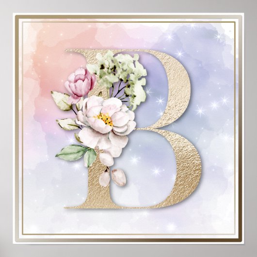 B Monogram Roze Floral Poster (Voorkant)