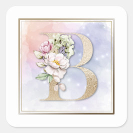 B Monogram Roze Floral Vierkante Sticker