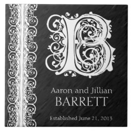B Monogram "White Lace on Black" Wedding Tegel Tegeltje