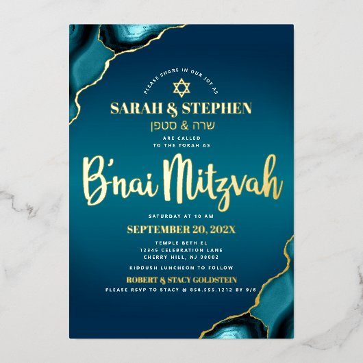 B’nai Mitzvah Turquoise Ombre Agate Bold Real Gold Folie Uitnodiging (Voorkant)