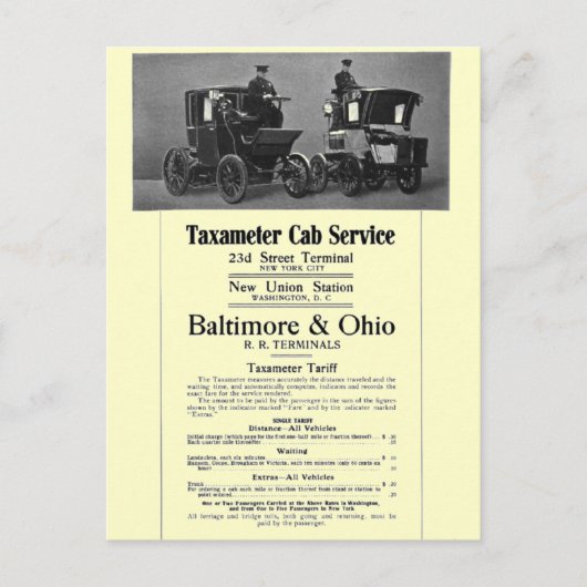 B+O Railroad Taxameter Cab Service 1908 Briefkaart (Voorkant)