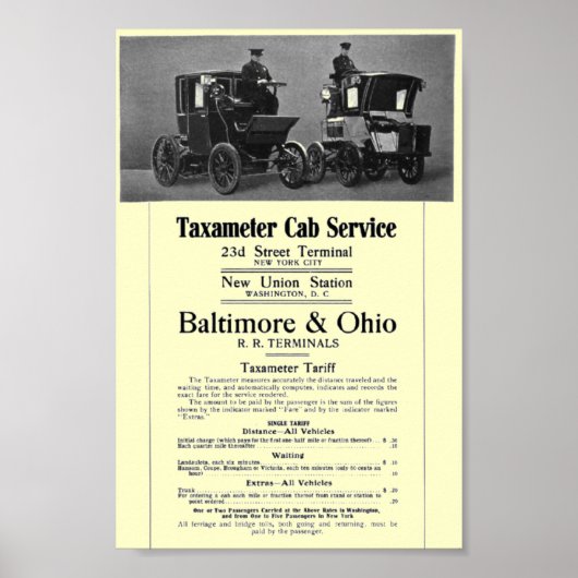 B+O Railroad Taxameter Cab Service 1908 Poster (Voorkant)