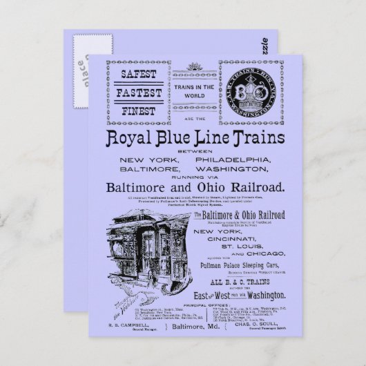 B+O Royal Blue Line Trains 1910 Briefkaart (Voorkant / Achterkant)