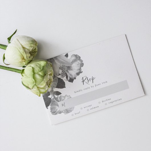 B&W Antiek  Romantische Floral Wedding RSVP Kaartje