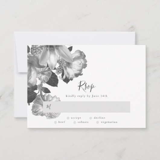 B&W Antiek  Romantische Floral Wedding RSVP Kaartje (Voorkant)