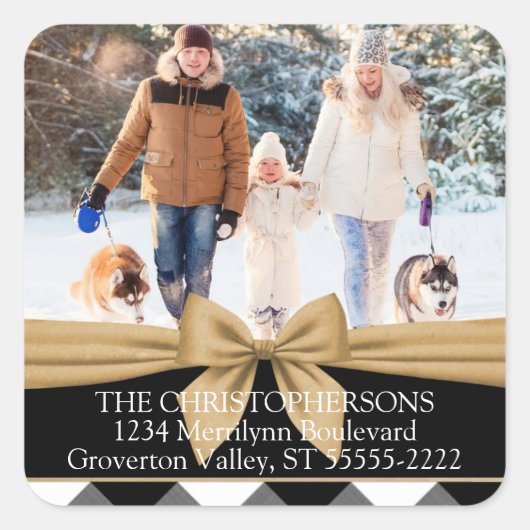 B&W Buffalo Check & Bow Foto Retouradres Vierkante Sticker (Voorkant)