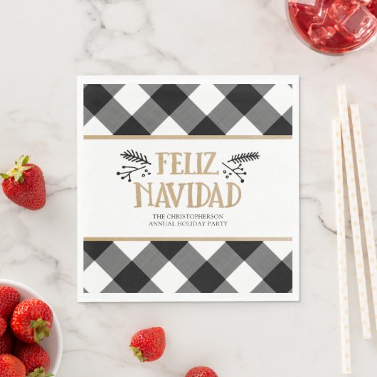 B&W Buffalo Check Brown Kraft Feliz Navidad Servet (Insitu)