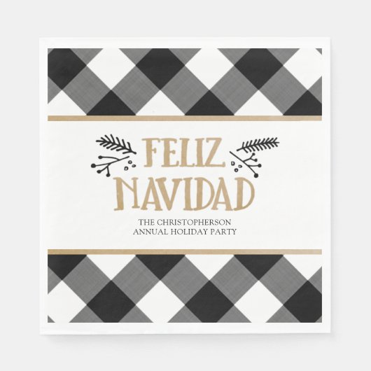 B&W Buffalo Check Brown Kraft Feliz Navidad Servet (Voorkant)