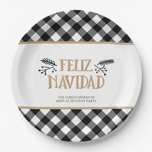 B&W Buffalo Check FELIZ NAVIDAD gepersonaliseerd Papieren Bordje (Voorkant)