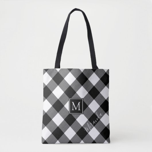 B&W Buffalo Check Gepland Monogram Naam Tote Bag (Voorkant)
