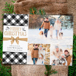 B&W Buffalo Check Gold Brown MERRY CHRISTMAS Feestdagenkaart<br><div class="desc">Maak kennis met drie foto's met een zwart-wit buffelvormig vinkje, met de titel MERRY CHRISTMAS in een bruin Kraft-papieren lettertype met handgetekende winterbladerklep en stevig vastgebonden met een gouden bruine boog. (DE TIP VAN DE FOTO: Voor snelste/beste resultaten, kies een foto met het onderwerp in het midden en/of pre-gewas het...</div>