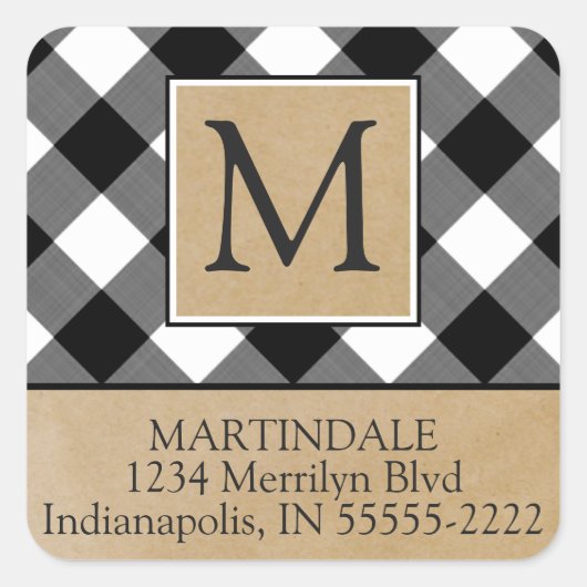 B&W Buffalo Check & Kraft Paper Retouradres Vierkante Sticker (Voorkant)
