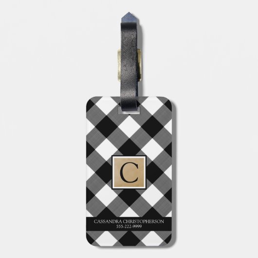 B&W Buffalo Check Monogram en Contactgegevens Bagagelabel (Achterkant verticaal)