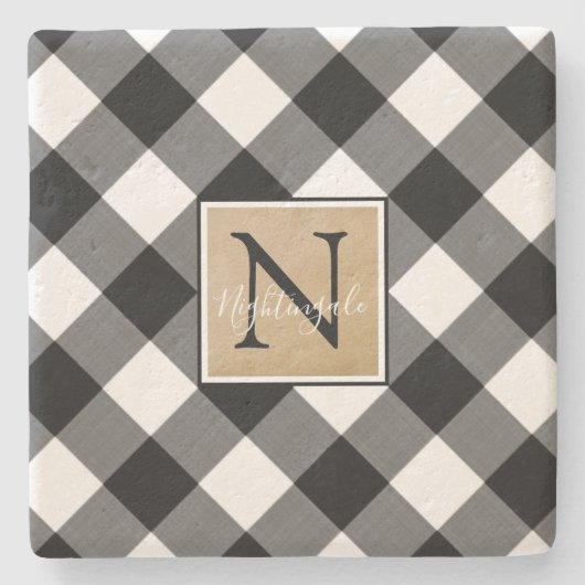 B&W Buffalo Check Monogram Naam Stenen Onderzetter (Voorkant)