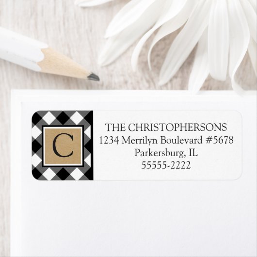 B&W Buffel Check Plaid en Kraft Paper Monogram Etiket (Insitu)