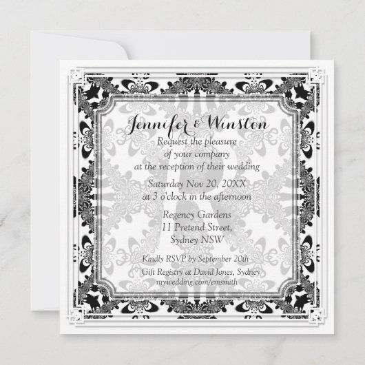 B&W Damask Monogram Wedding Invitations Kaart (Achterkant)