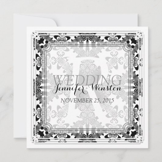  B&W Damask Monogram Wedding Invitations Kaart (Voorkant)