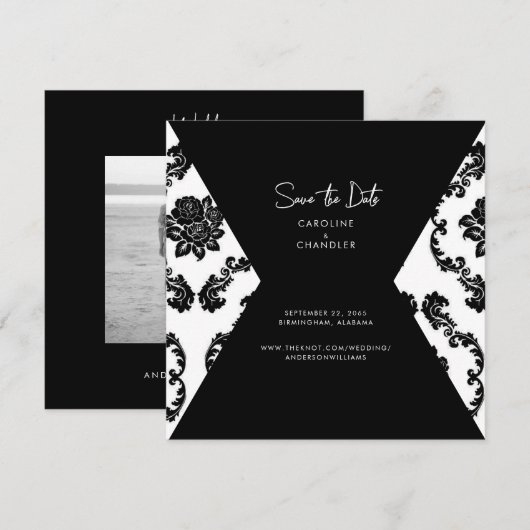 B/W Damask Photo Wedding Save the Date (Voorkant / Achterkant)