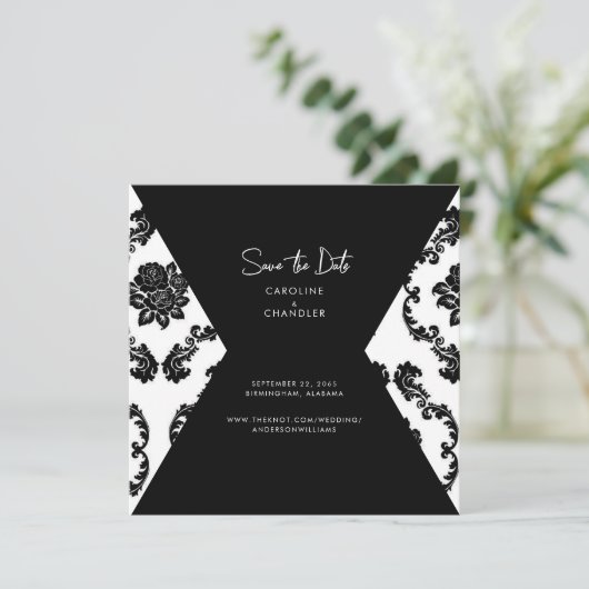 B/W Damask Photo Wedding Save the Date (Staand voorkant)