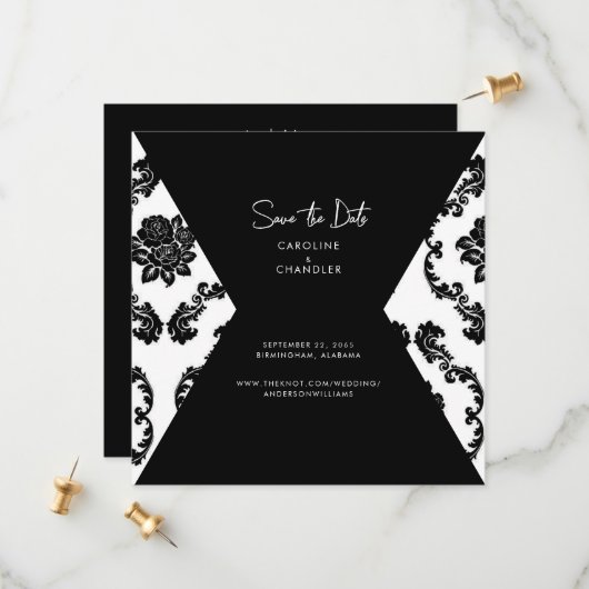 B/W Damask Photo Wedding Save the Date (Voorkant / Achterkant in situ)