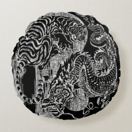 B&W Dragon Tiger Yin Yang Symbol Etch Rond Kussen