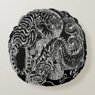 B&W Dragon Tiger Yin Yang Symbol Etch Rond Kussen