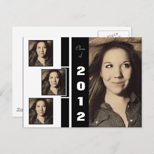 B&W Four Photo Afstuderen Announcement Briefkaart (Voorkant / Achterkant)