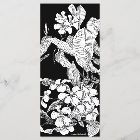 B&W Frangipani Boheemse Botanische Moderne Bruilof Menu (Achterkant)