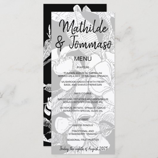 B&W Frangipani Boheemse Botanische Moderne Bruilof Menu (Voorkant / Achterkant)