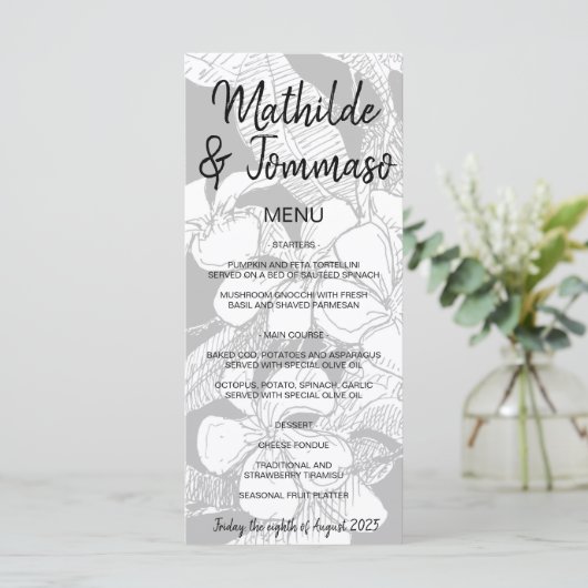 B&W Frangipani Boheemse Botanische Moderne Bruilof Menu (Staand voorkant)