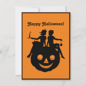 B/W Halloween Silhouette Boy Girl Sitting Invite Feestdagenkaart (Voorkant)