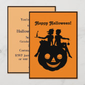 B/W Halloween Silhouette Boy Girl Sitting Invite Feestdagenkaart (Voorkant / Achterkant)