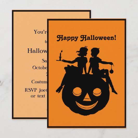 B/W Halloween Silhouette Boy Girl Sitting Invite Feestdagenkaart (Voorkant / Achterkant)