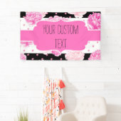 B&W Horizontale Strepen Stippen Roze Bloemen Verja Spandoek (Insitu)